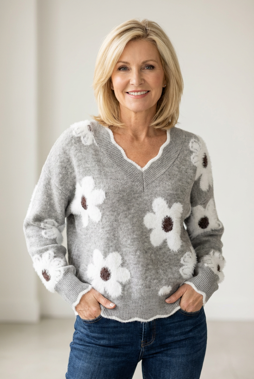 THEA | ELEGANT V-NECK FLORAL SWEATER