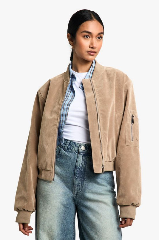 Stone Suede Bomber Jacket
